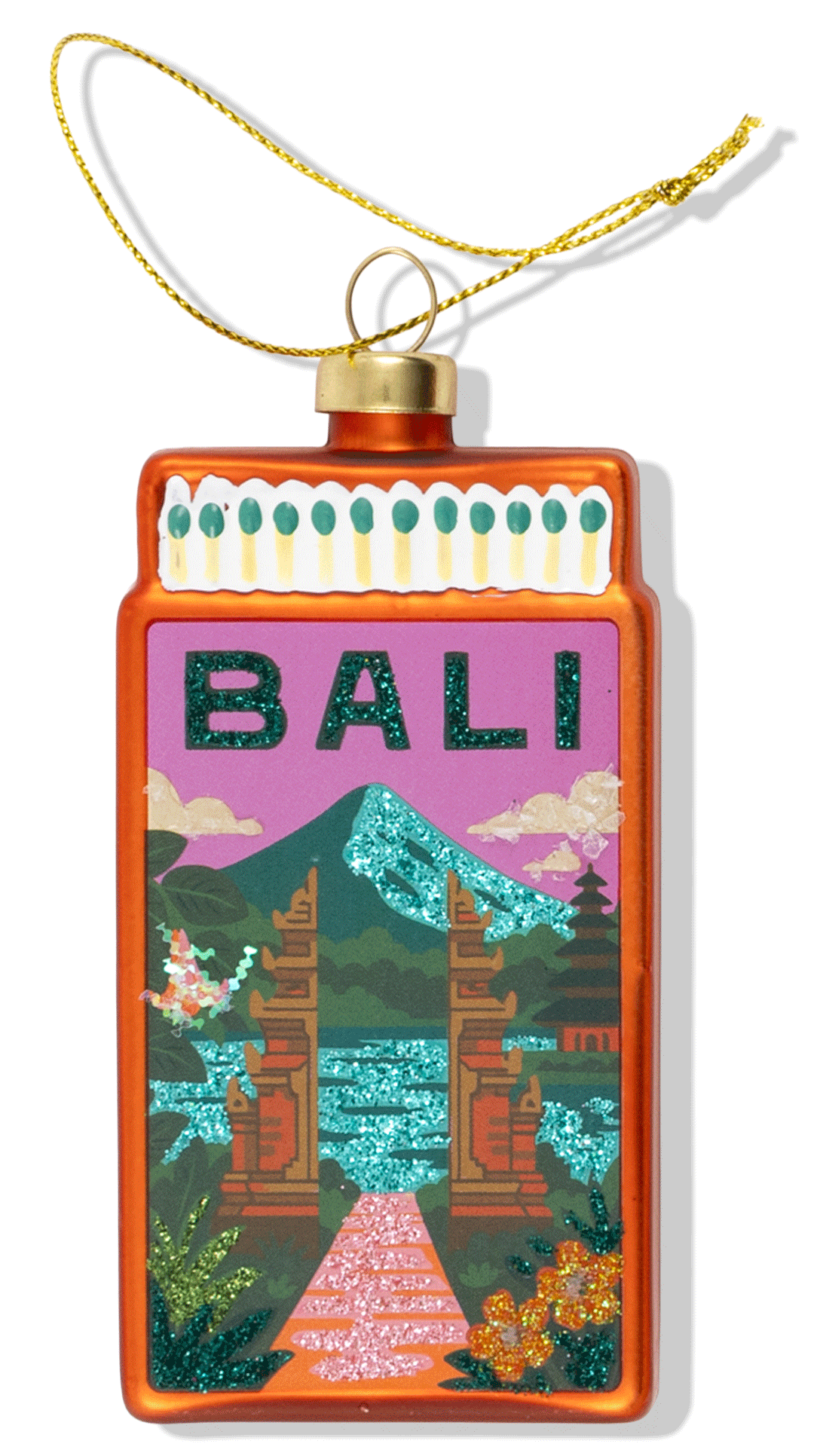 Decorative ornament with 'Bali' text and mountain landscape design on a white background