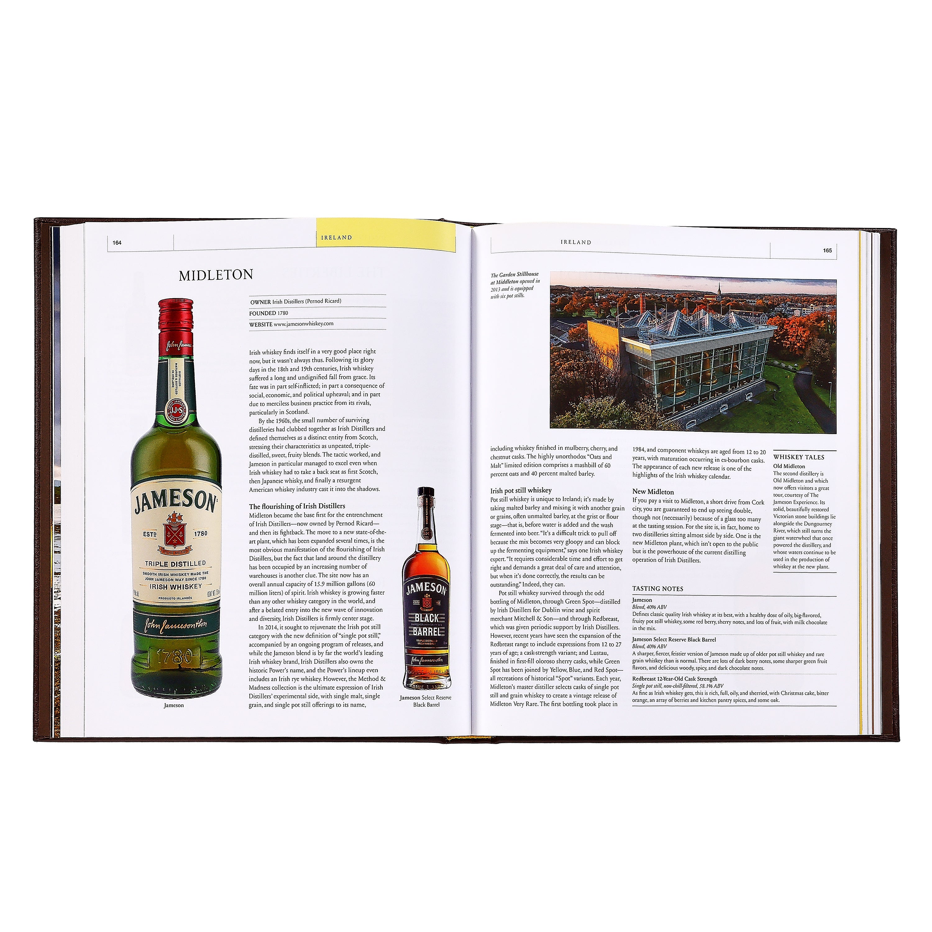 Open book showing Jameson whiskey bottles and text on a white background