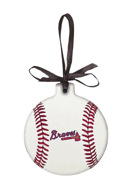 Baseball-shaped ornament with a ribbon on a white background