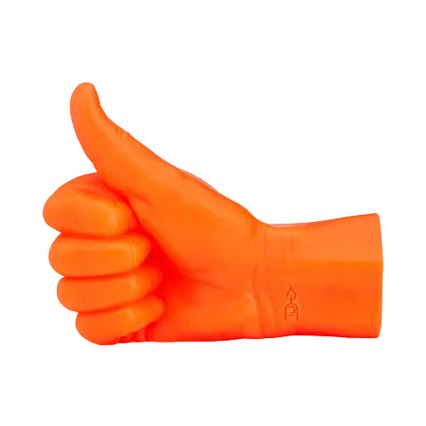 Orange rubber glove giving a thumbs-up gesture on a light gray background