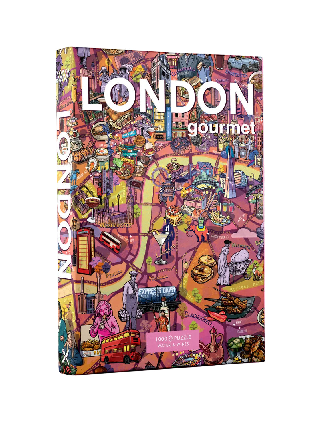Colorful book titled 'London Gourmet' on a pink background