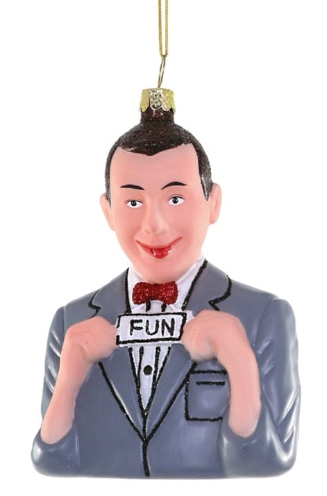 Decorative ornament of a man in a suit with a 'FUN' sign, hanging against a white background.