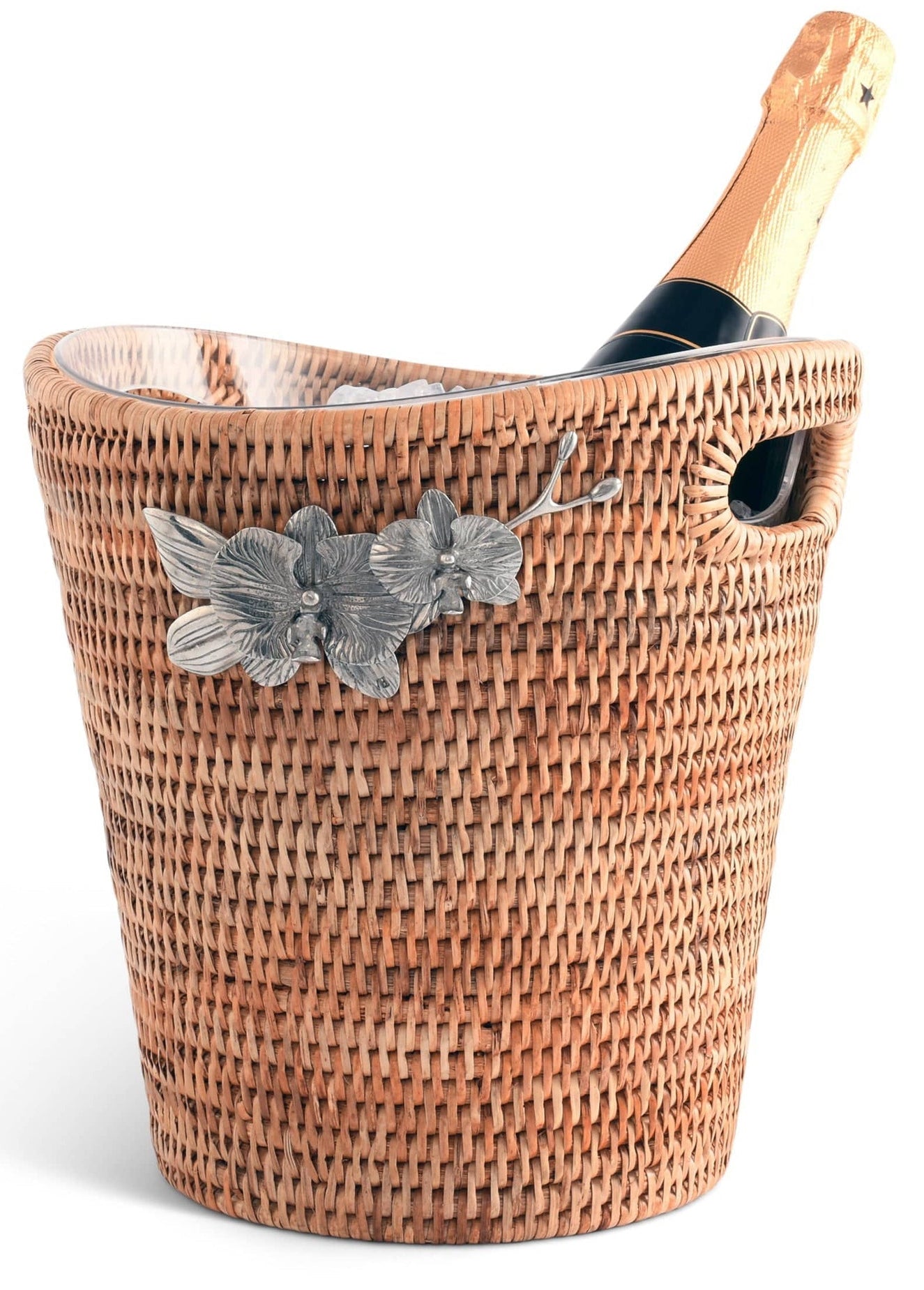 Wicker wine cooler with decorative floral accents on a white background