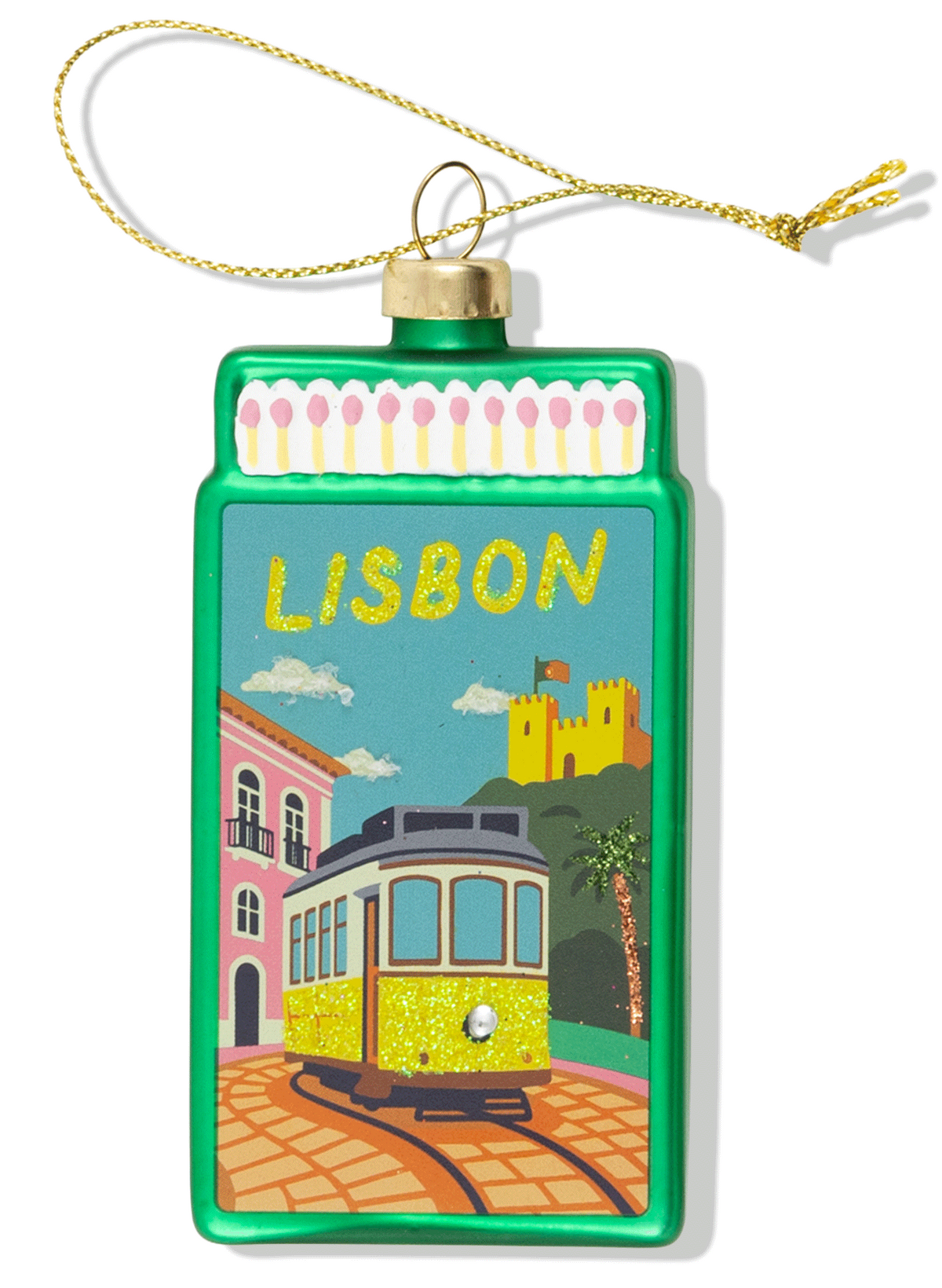 Decorative ornament with a design of Lisbon, featuring a tram and cityscape.