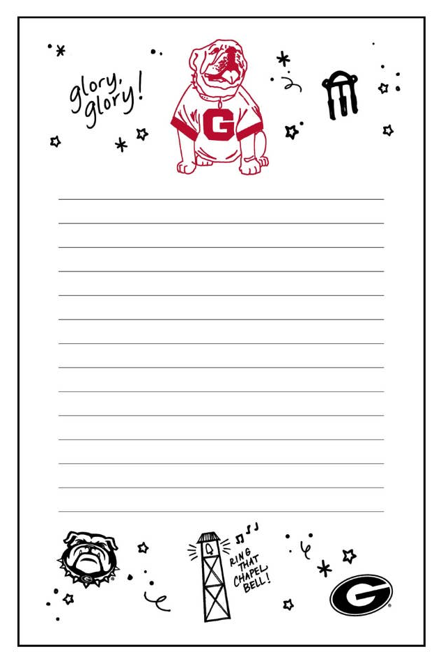 A rectangular notepad with lined writing space, decorated with Georgia Bulldogs graphics including a bulldog in a red jersey, the word 'glory!', stars, and black line-art illustrations on a white background.