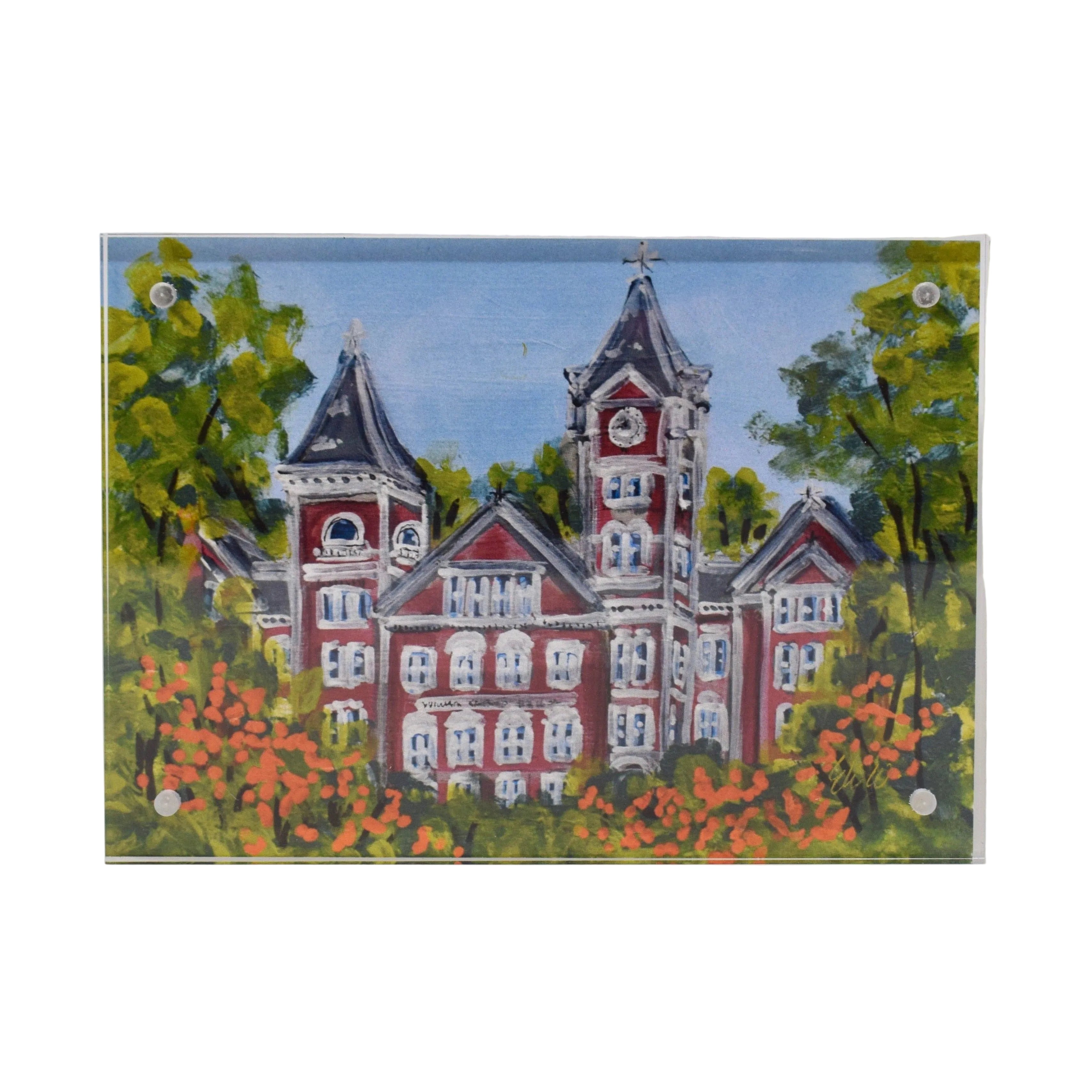 Painting of a red brick building in aurburn landmark with a clock tower surrounded by trees and bushes.