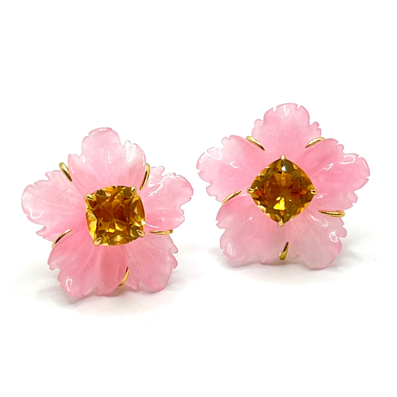 Carved Pink Quartzite Flower Studs with Citrine