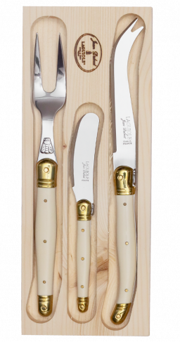 Set of cutlery with wooden handles in a wooden box on a white background