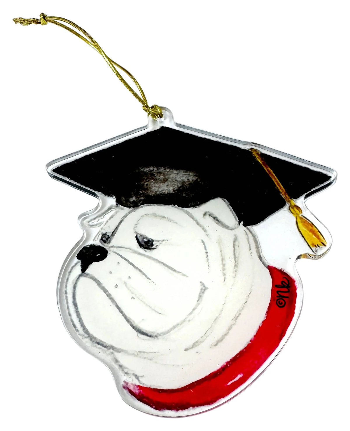 Decorative ornament with a bulldog wearing a graduation cap and gown on a white background