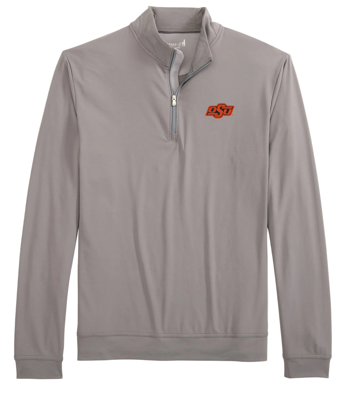 A light gray long-sleeve quarter-zip pullover sweatshirt with a small red and orange embroidered logo on the left chest, displayed on a neutral light gray background.