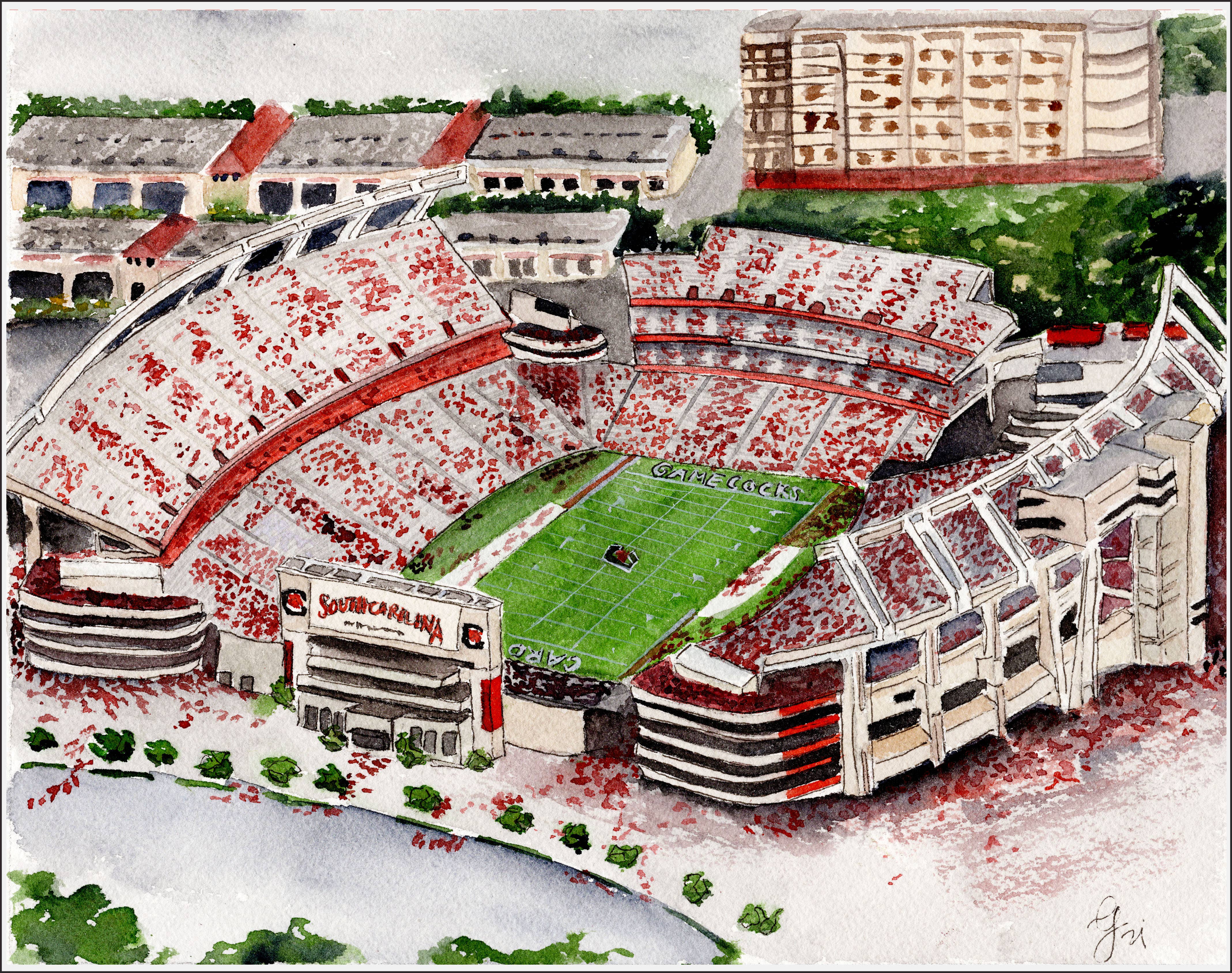 University of South Carolina Williams Brice Stadium Watercolor Art Print