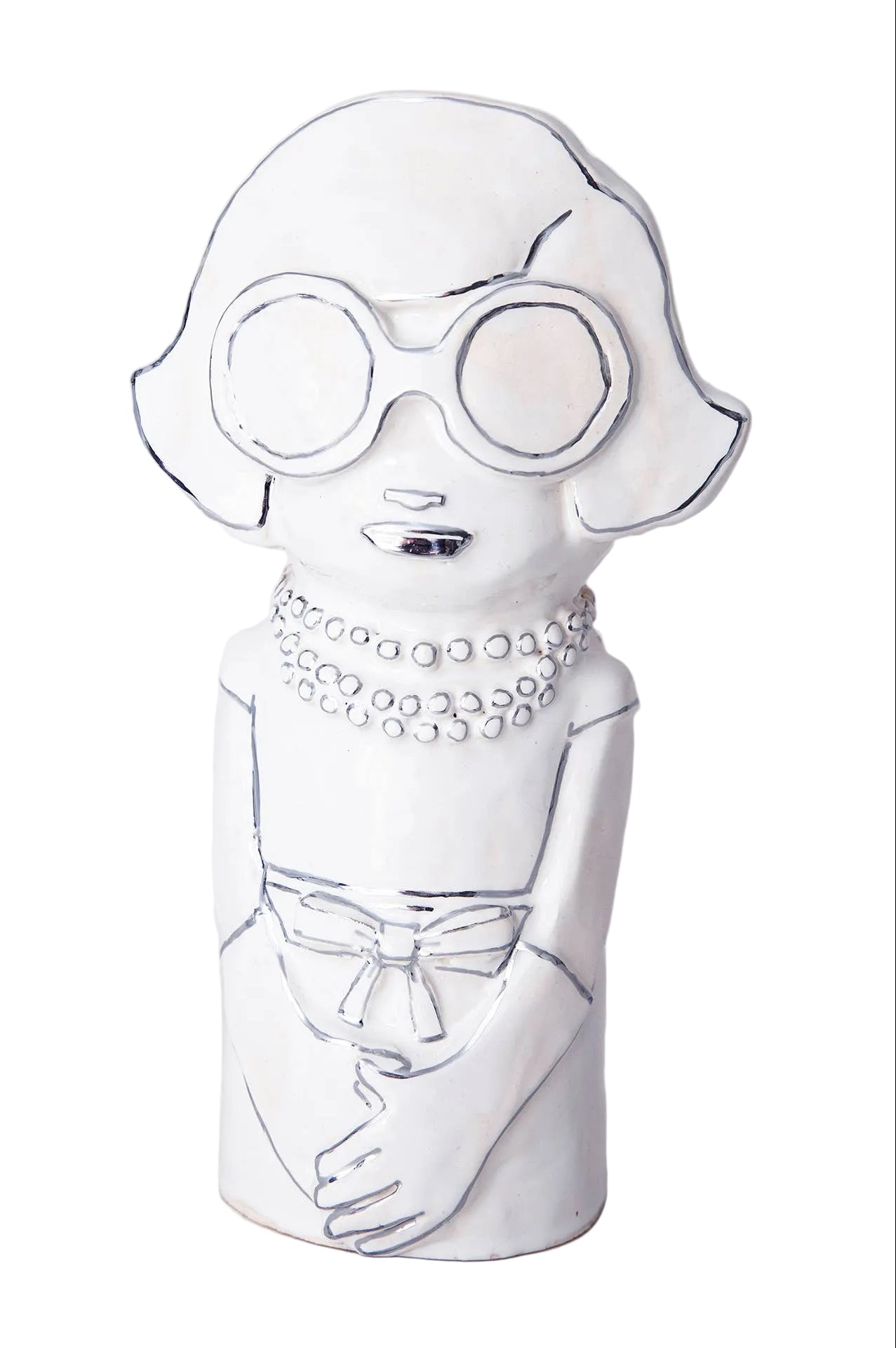 Silver decorative vase shaped like a woman wearing glasses and a pearl necklace on a white background