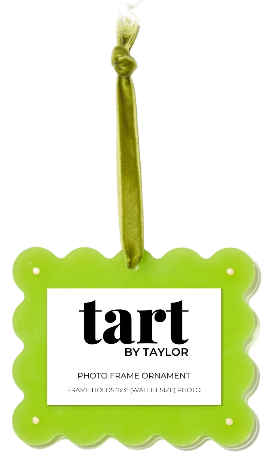Green photo frame ornament with 'tart by Taylor' branding on a white background