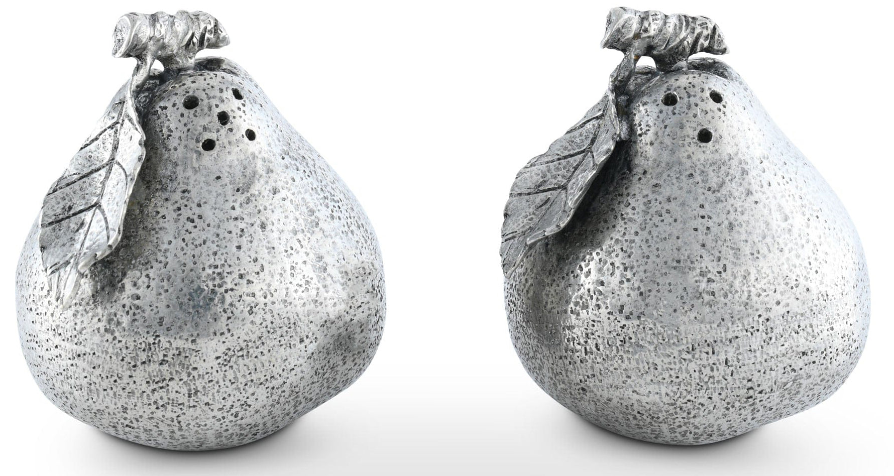 Two silver pear-shaped salt and pepper shakers on a white background