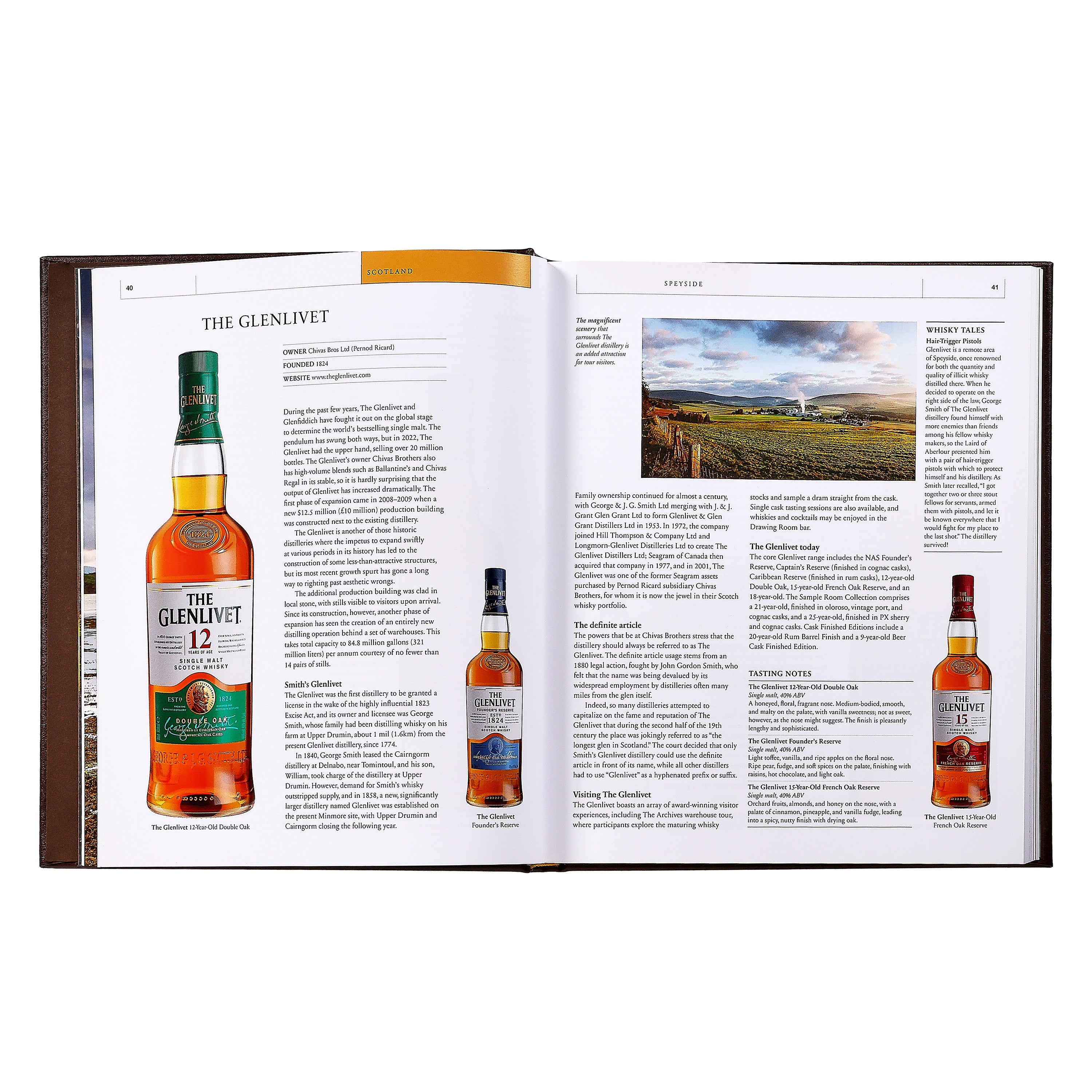 Open book featuring The Glenlivet whiskey bottles and text on a white background