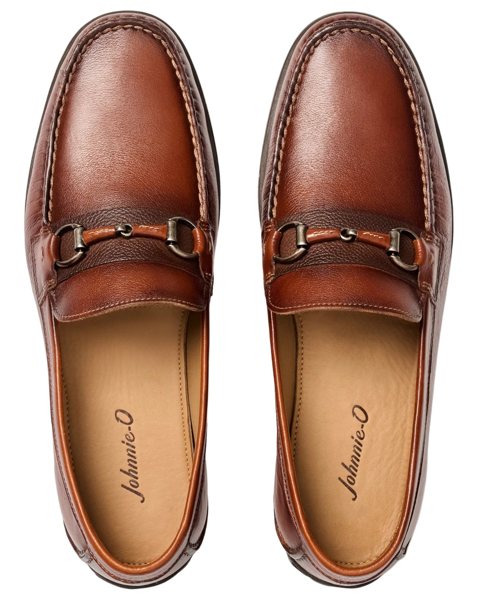 Pair of brown leather loafers with a visible brand logo on a light gray background