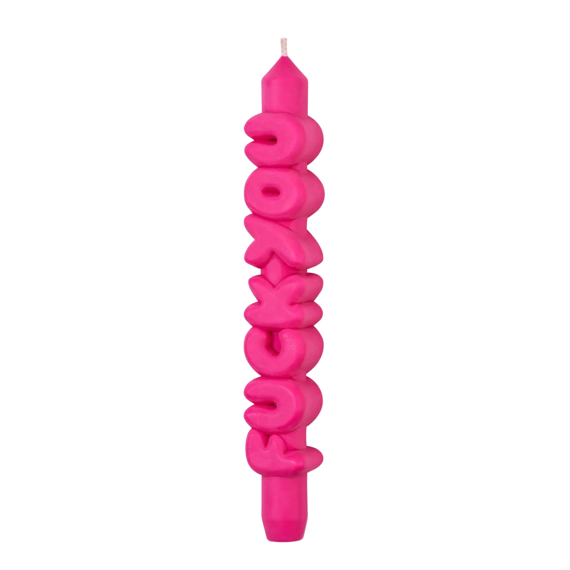 Pink candle with wavy letters on a white background