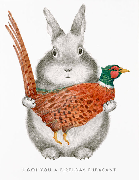 Illustration of a rabbit holding a pheasant with text on a white background