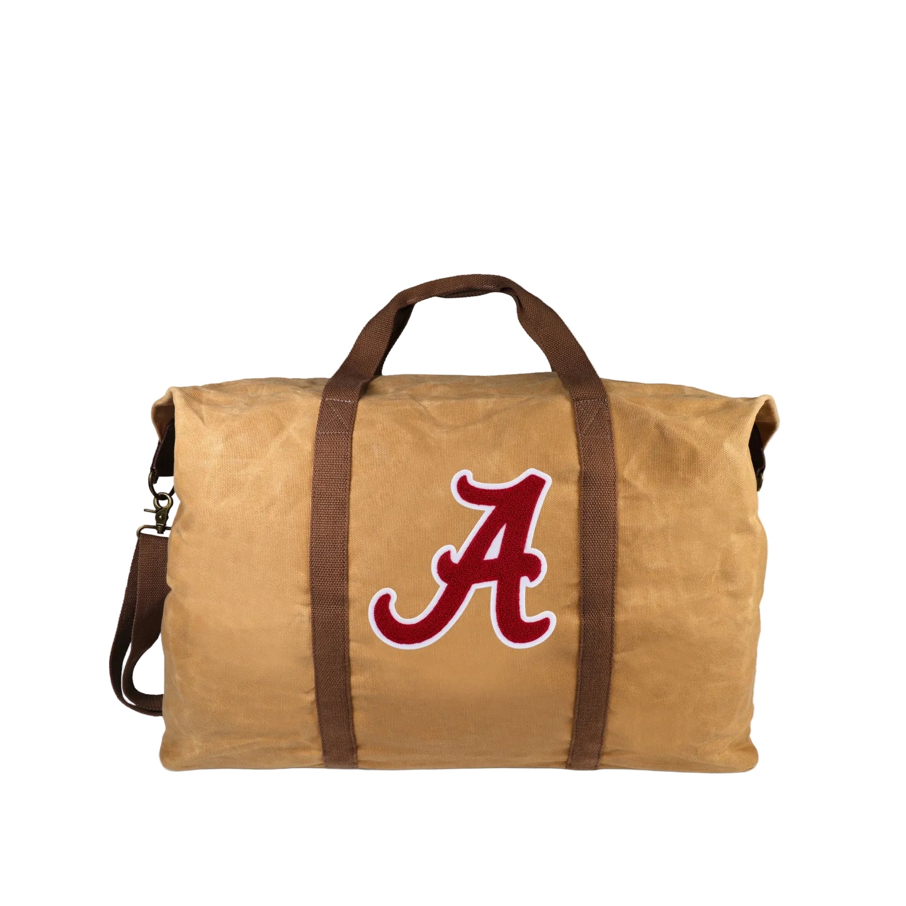 Brown duffel bag with a red 'A' logo on a light gray background