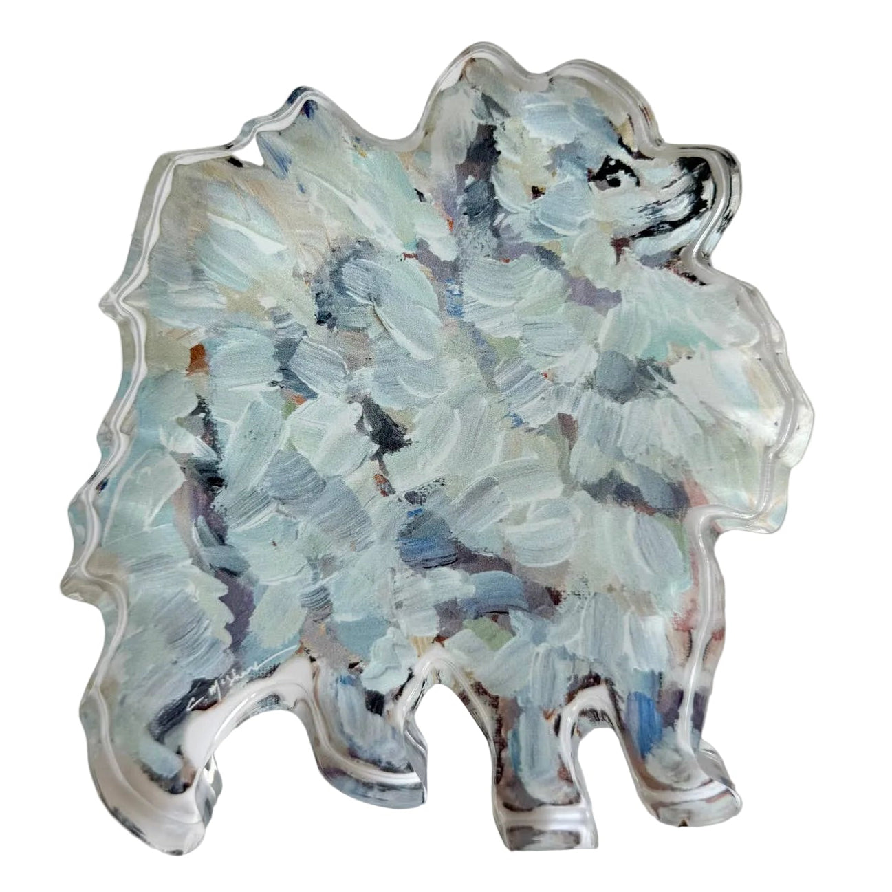 A sculptural dog-shaped glass tray featuring an abstract painted design in shades of light blue, white, and gray with black accents, set against a plain white background.