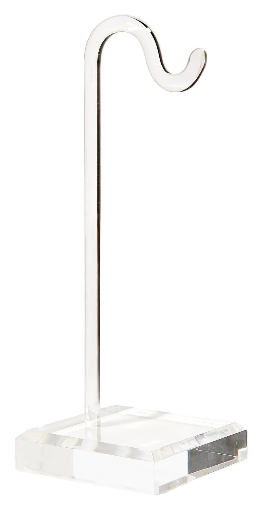 Clear acrylic stand with curved hook on a white background