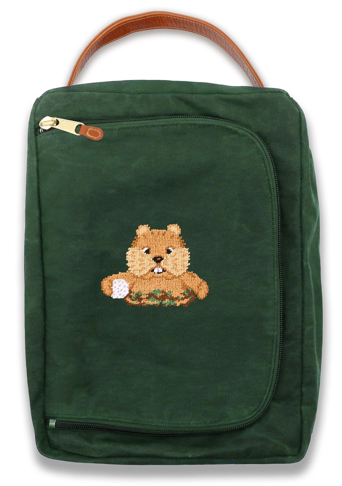 Green bag with a beaver design on a white background
