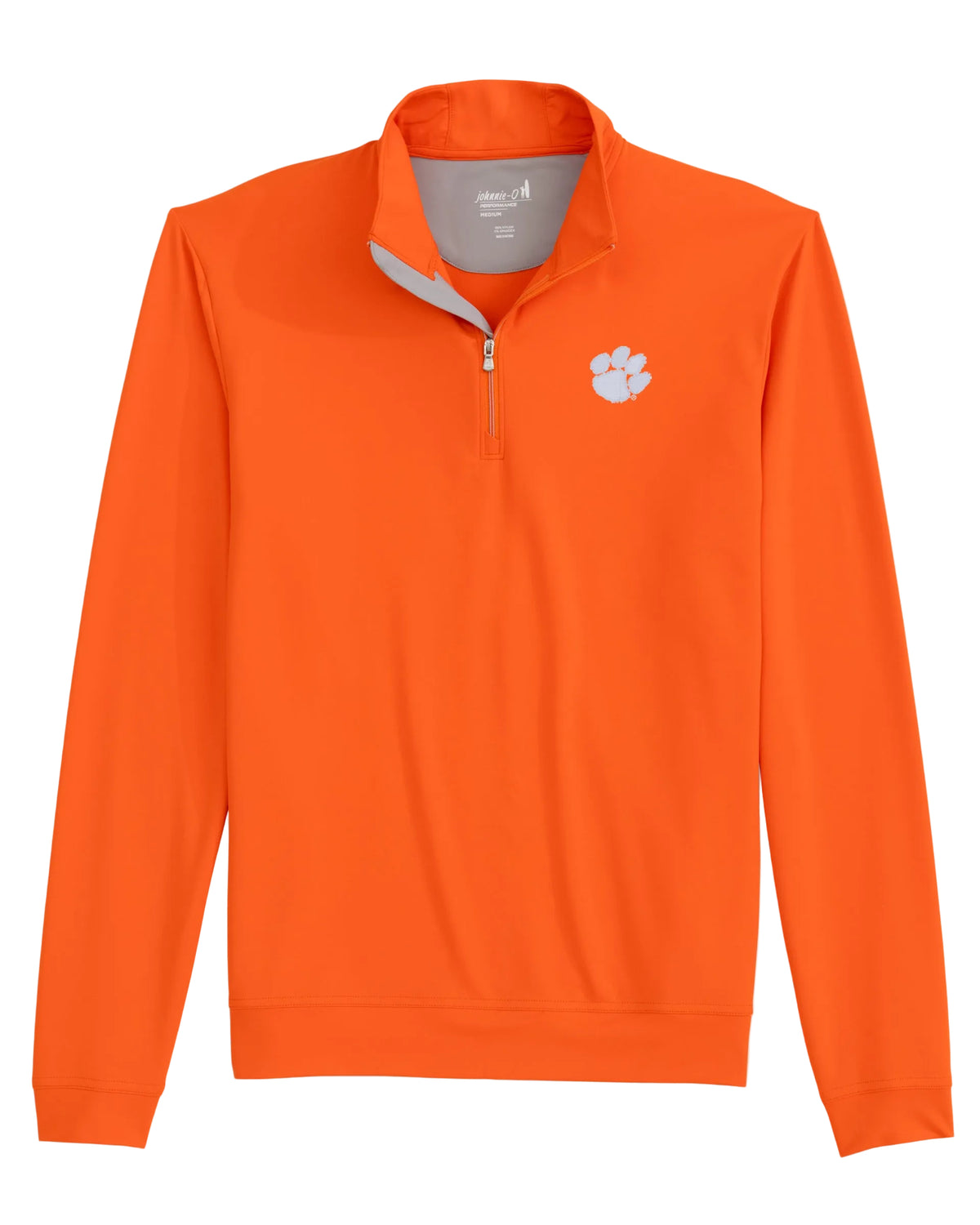 Bright orange long-sleeve quarter-zip pullover with a small white paw logo on the left chest, displayed on a light gray background.