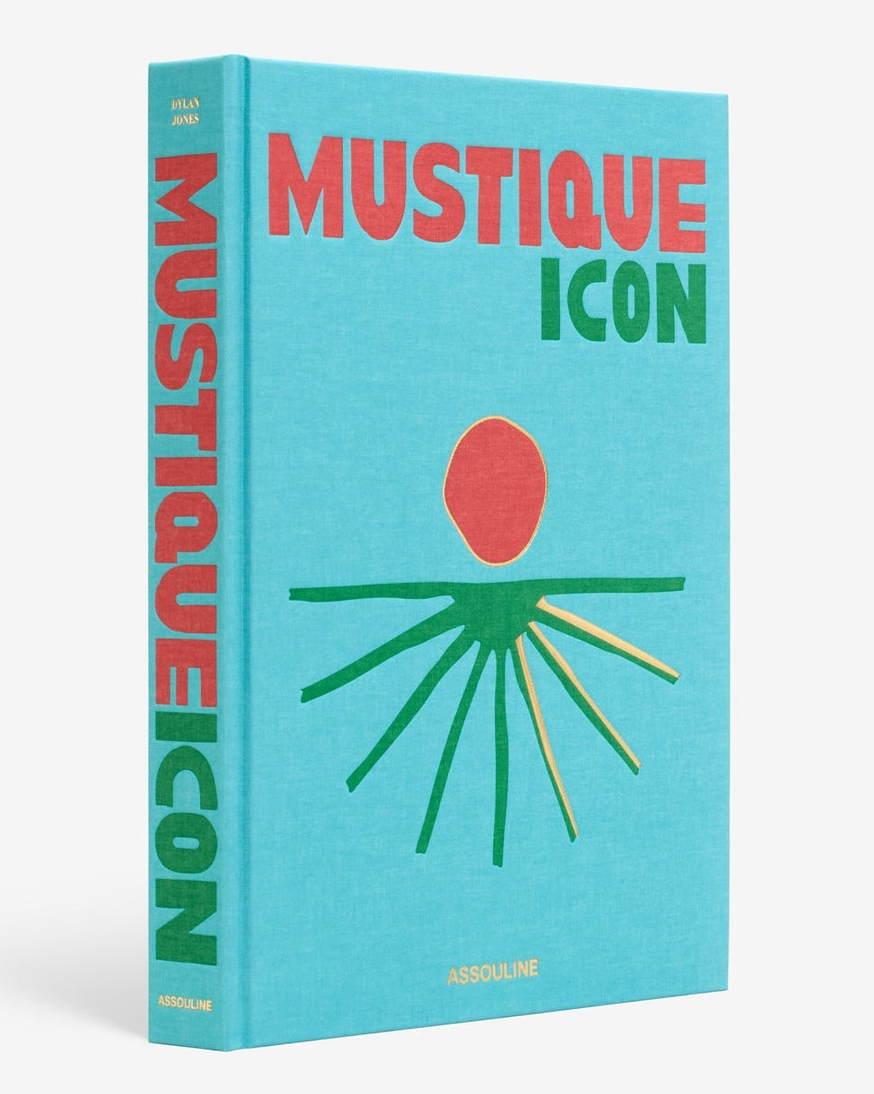 Book titled 'Mustique Icon' with a colorful design on a white background