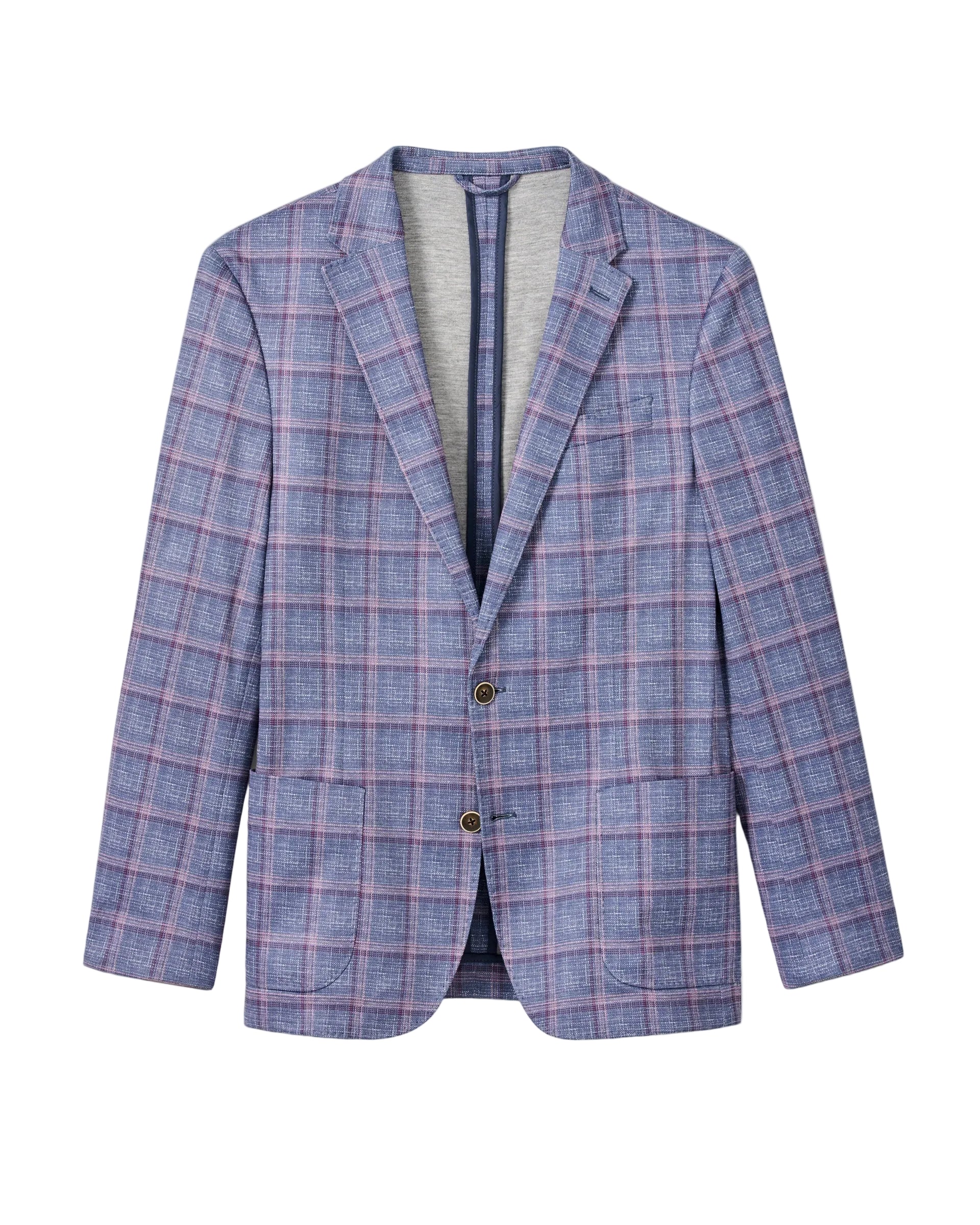 Blue plaid blazer on a light gray background