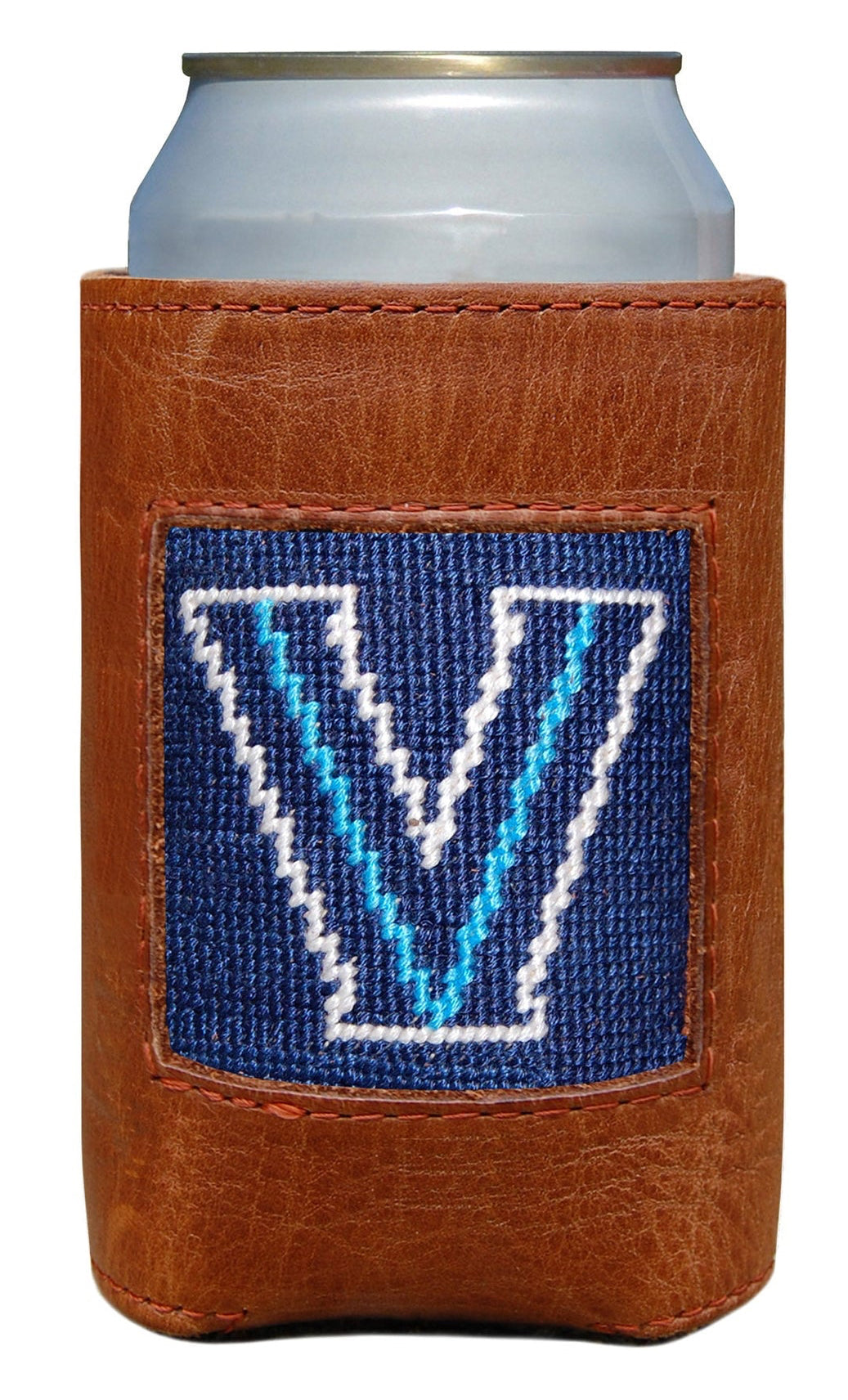 Brown leather can cooler with blue patch featuring a white 'V' on a white background