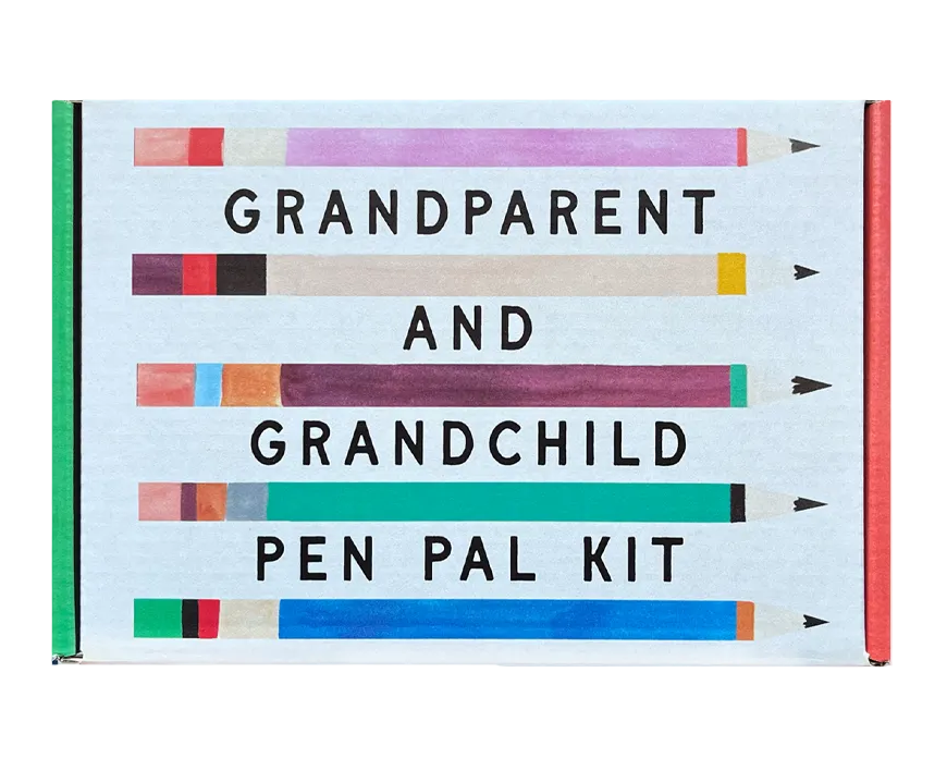 Packaging for a grandparent and grandchild pen pal kit with colorful pencils on a white background