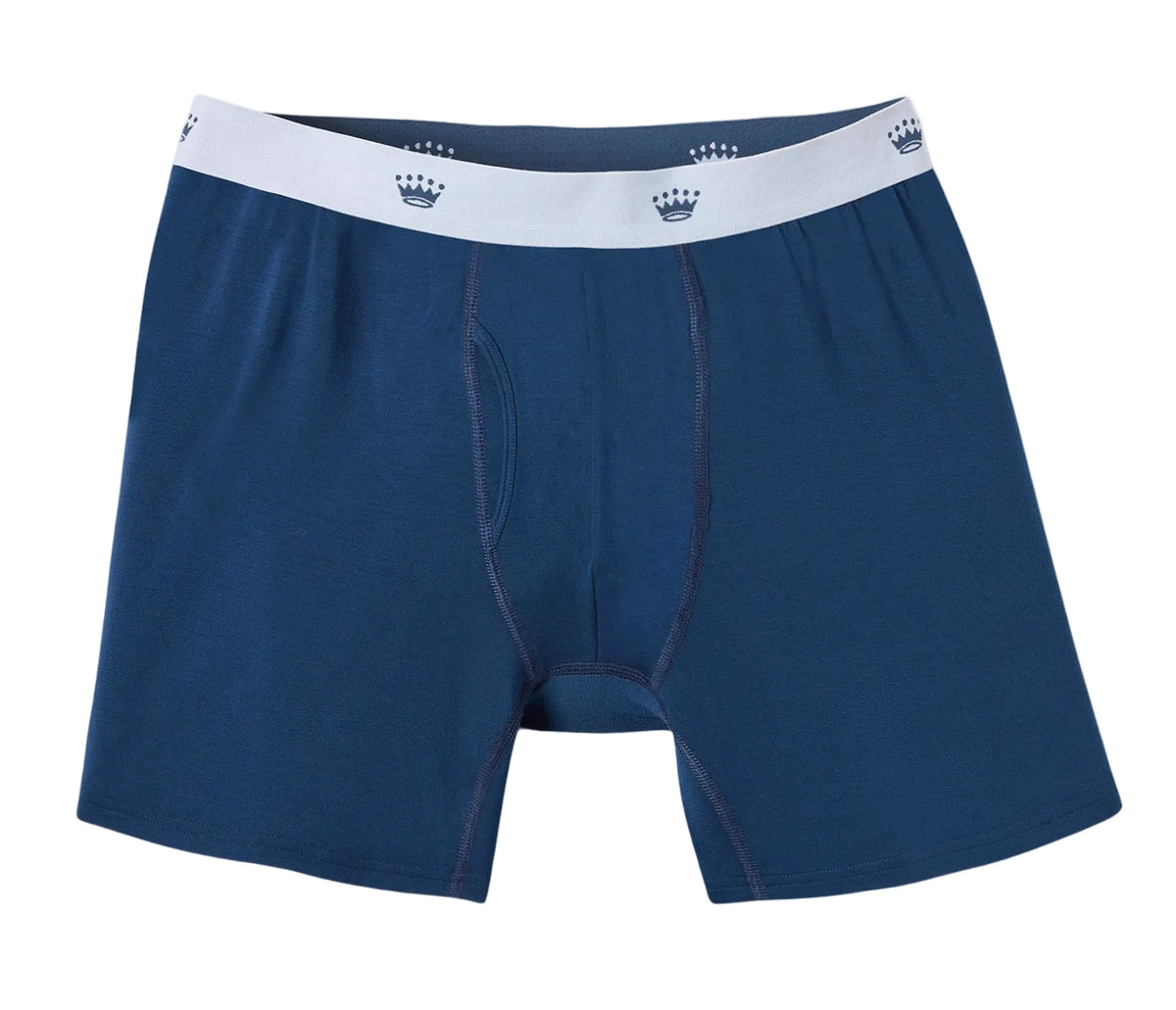 A pair of men's boxer briefs in dark blue with a contrasting white waistband featuring small blue crown logos, shown against a light gray background.