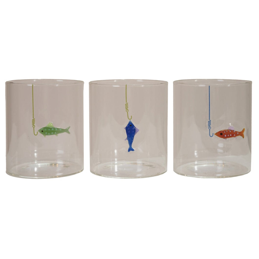 Three cylindrical glass containers with fish illustrations on a white background