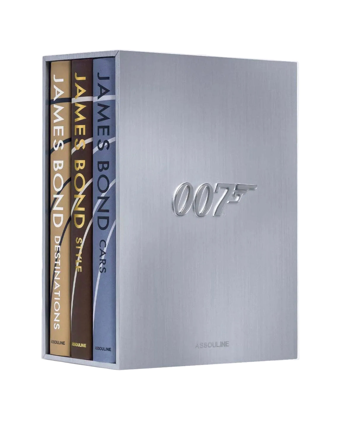 Collection of James Bond books in a silver box on a white background