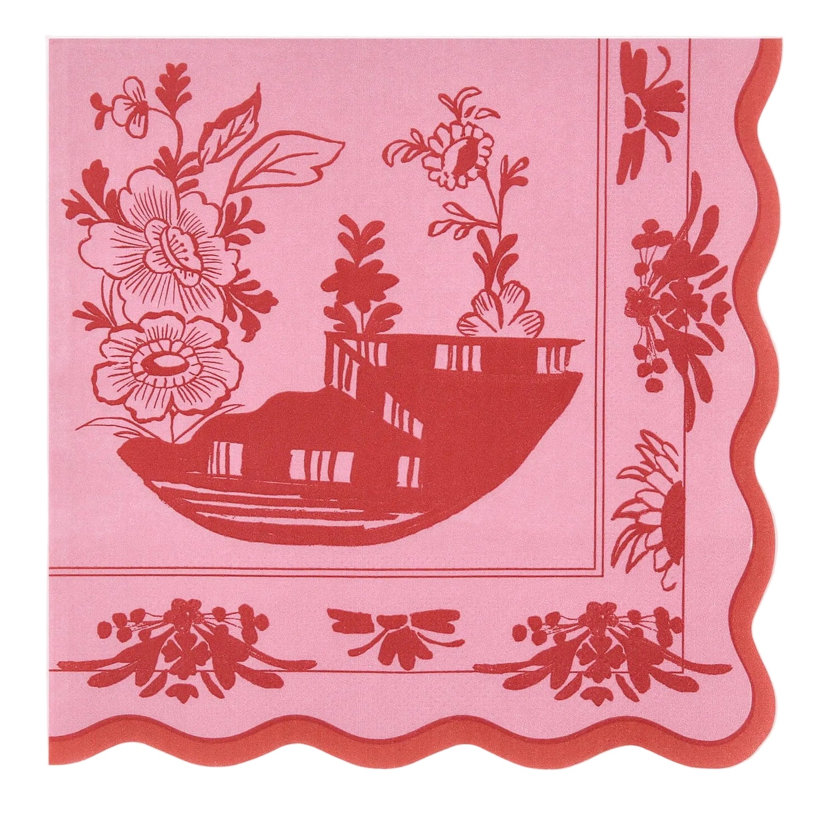 Pink decorative paper with floral and landscape design on a white background