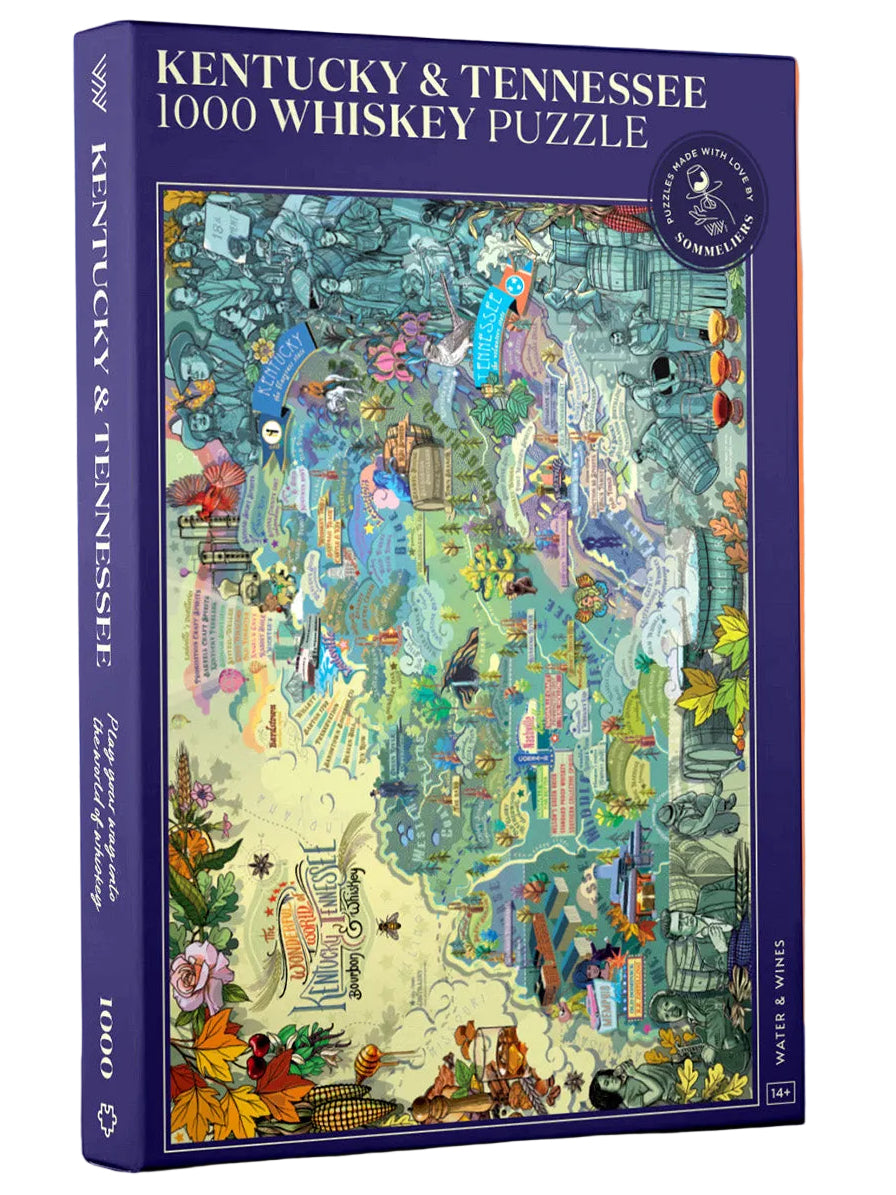 Jigsaw puzzle box featuring a map of Kentucky and Tennessee on an orange and blue background
