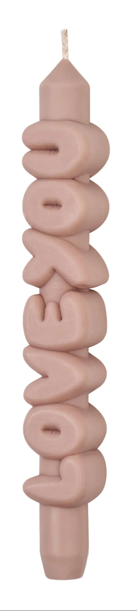 Pink candle shaped like the word 'LOVE' on a white background