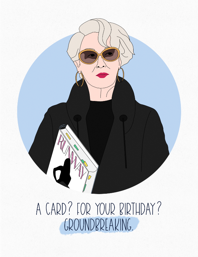 Card with illustration of a person holding a magazine, text 'A card? For your birthday? Groundbreaking.'