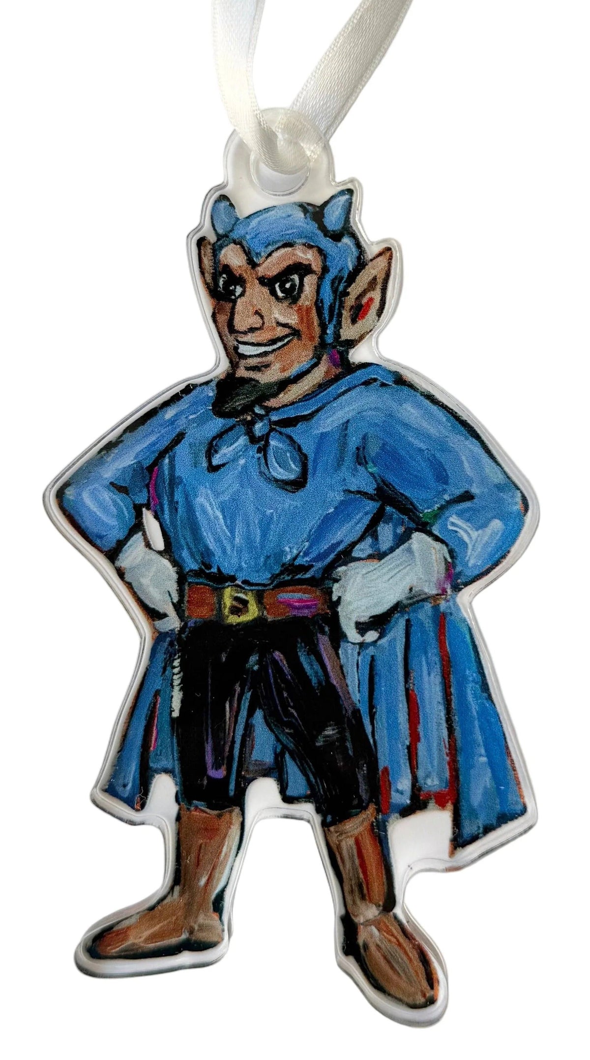 Character ornament with blue outfit and white ribbon on a light gray background