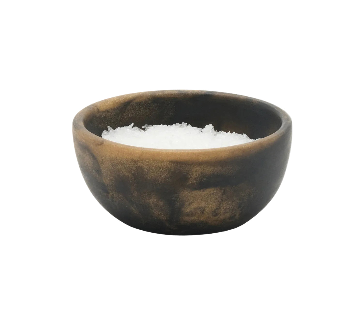 Brown ceramic bowl filled with white salt on a light gray background
