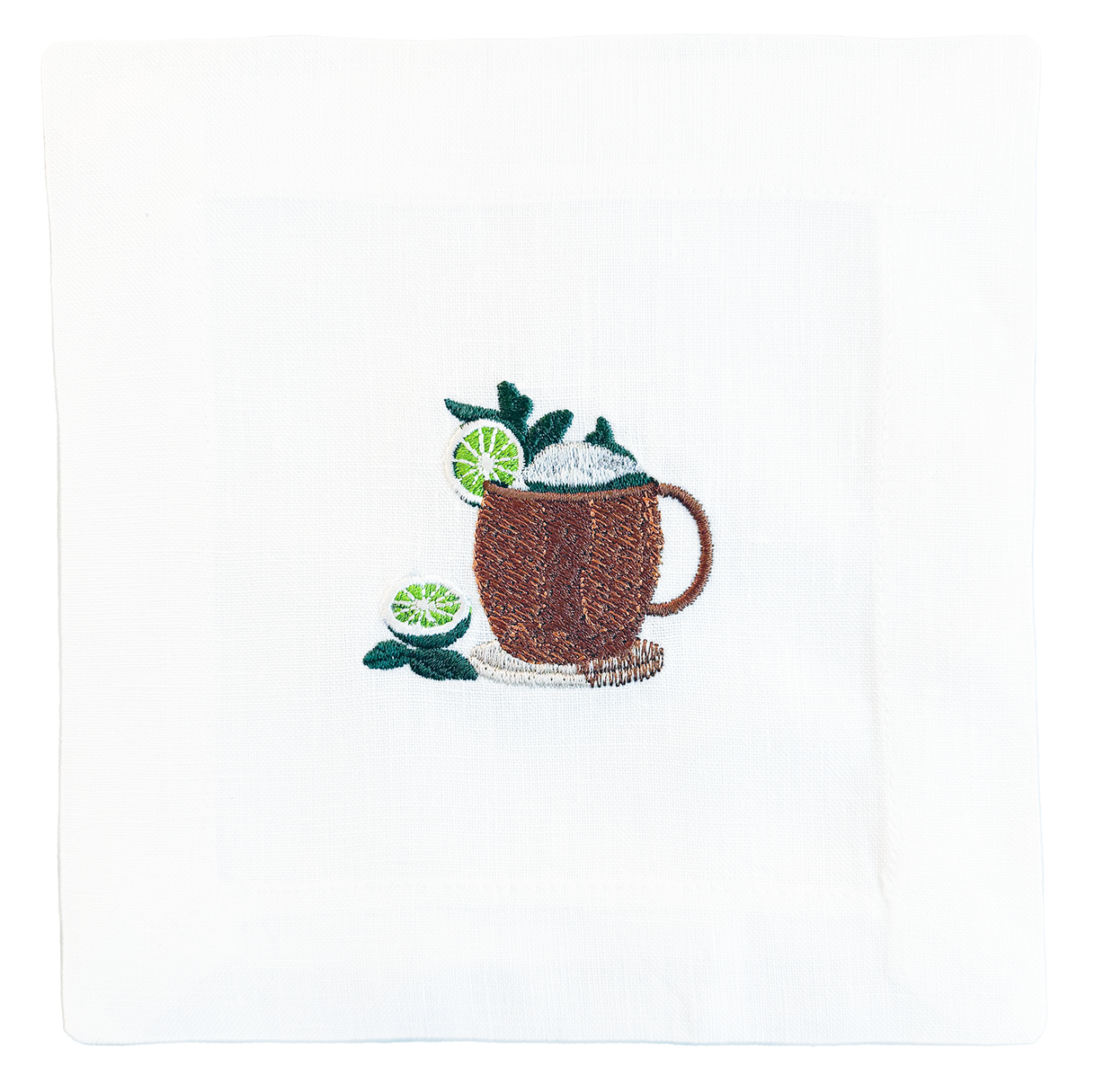 Embroidered design of a mojito cocktail with lime and mint leaves on a white background
