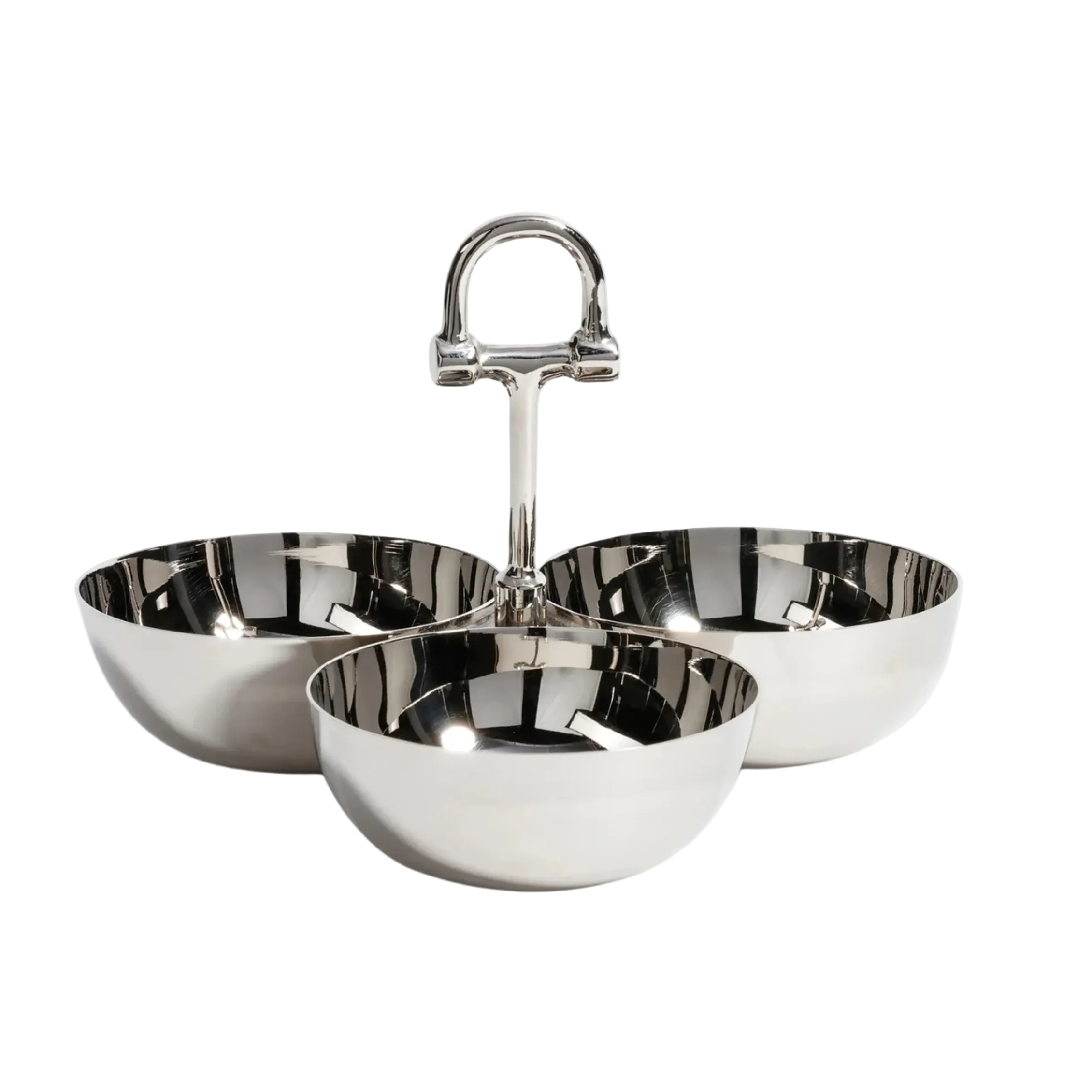 Silver three-bowl stand on a white background
