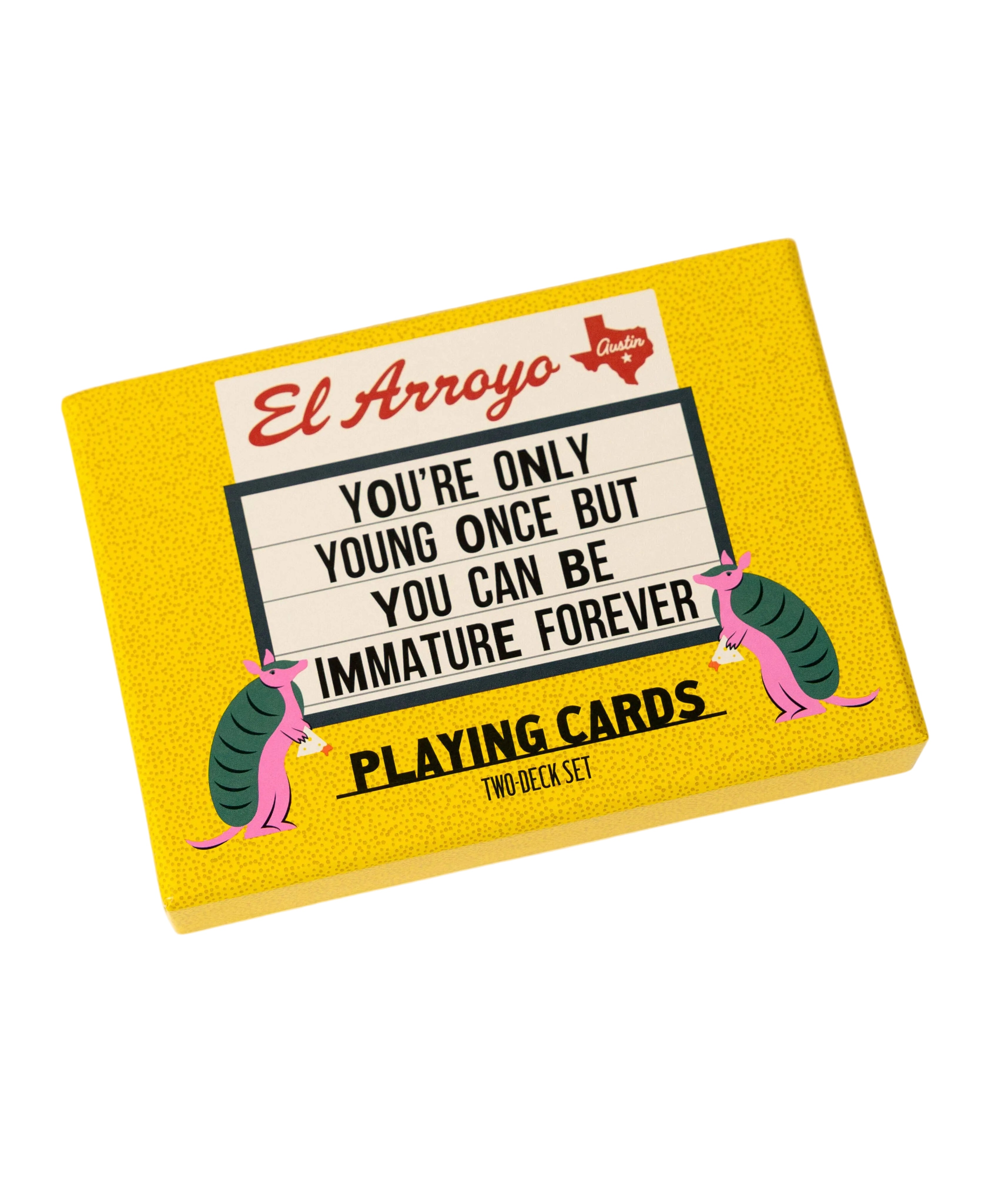 Playing card set packaging with yellow cover and text on a white background