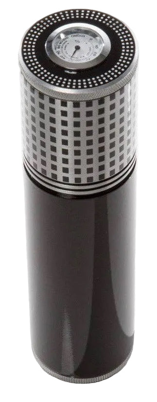 Black cylindrical device with checkered pattern on a white background