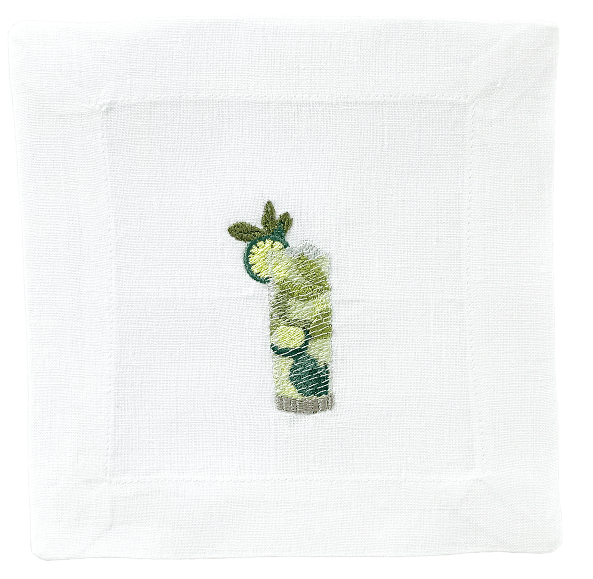 White towel with green embroidered design on a white background