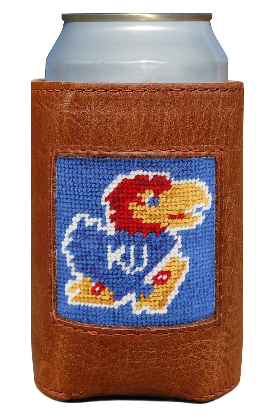 Can cooler with a needlepoint design of a lion and text, held by a can on a white background