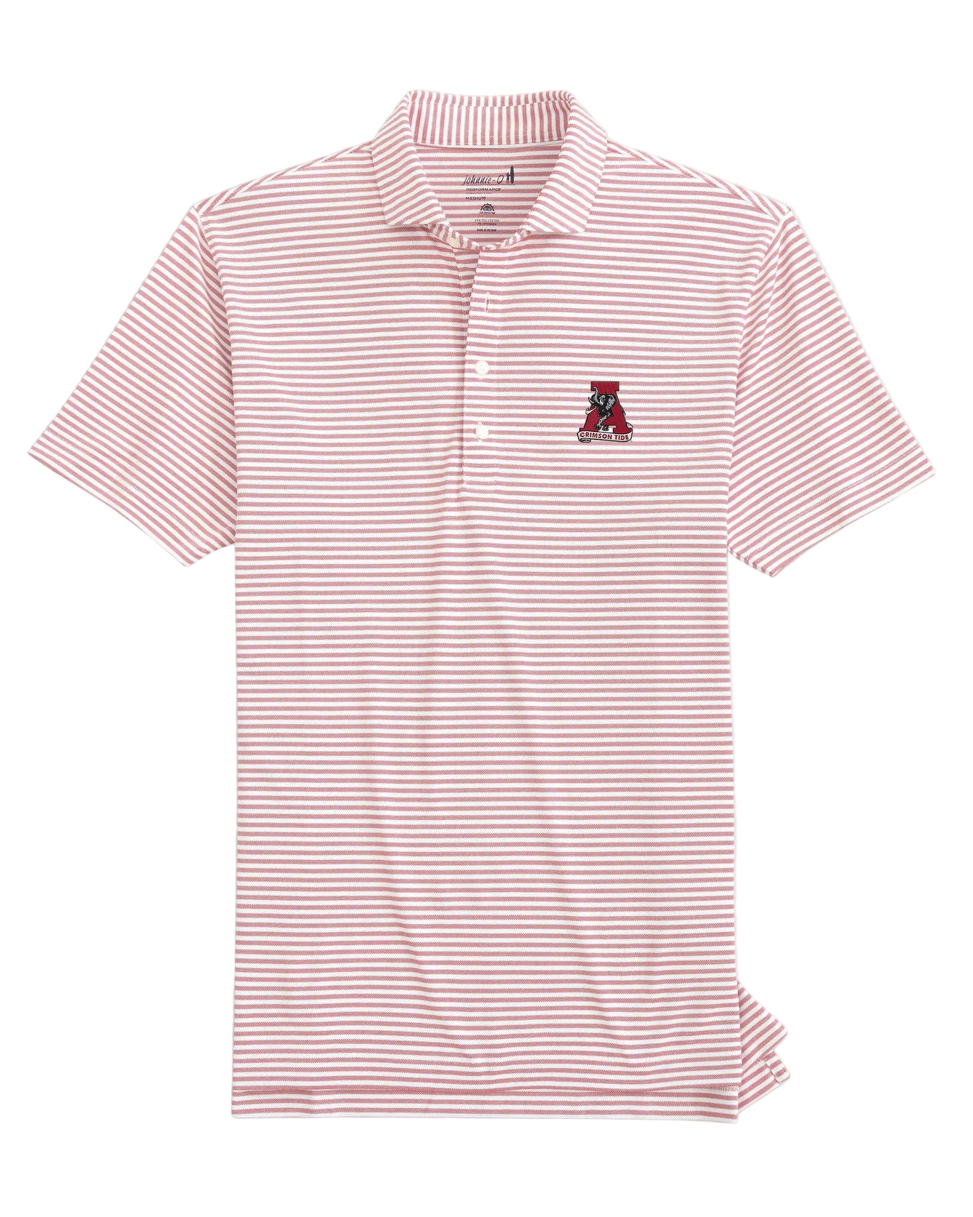 A short-sleeve polo shirt with thin pink and white horizontal stripes, featuring a small embroidered red and black 'A' logo on the left chest, displayed on a light gray background. alabama polo