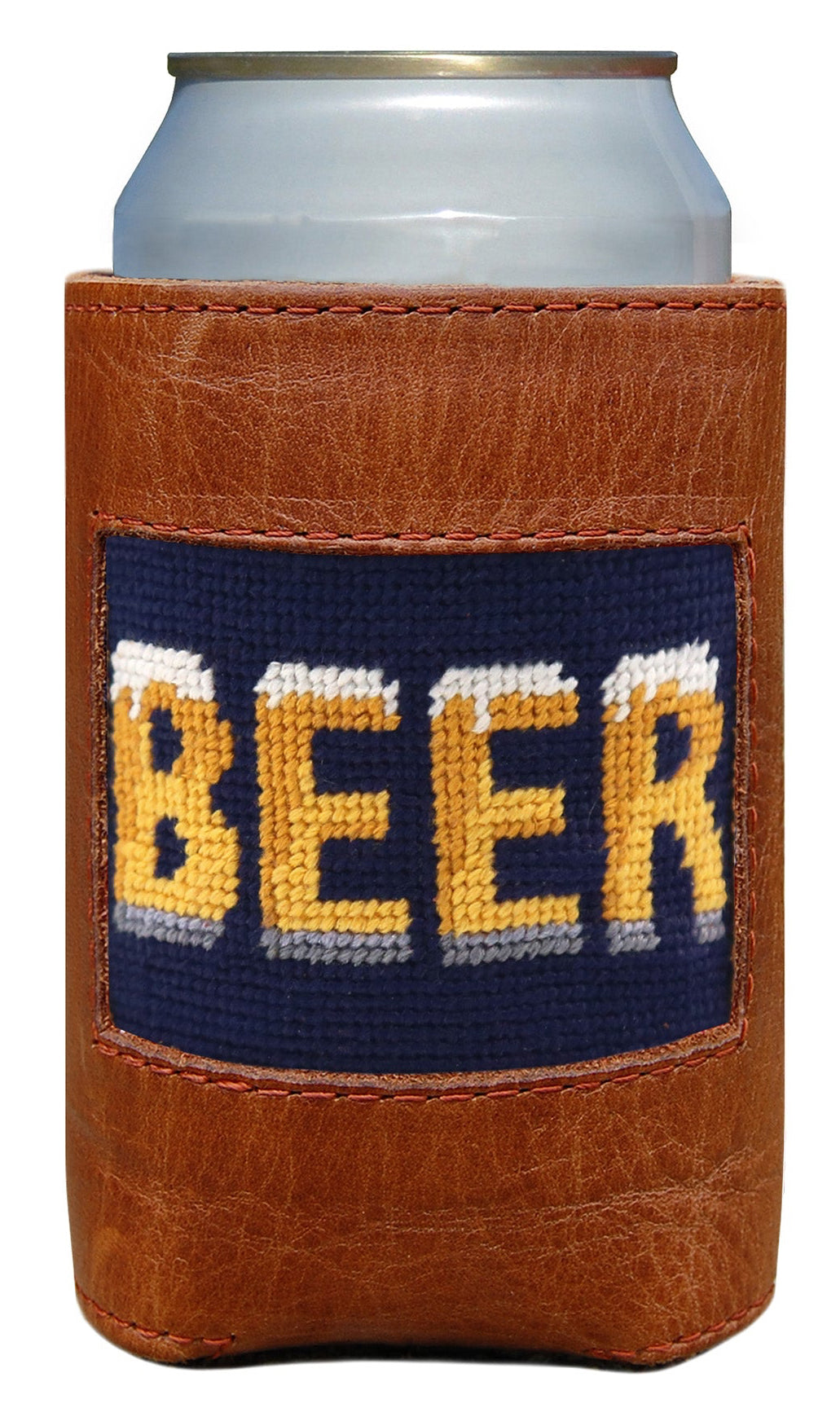 Can cooler with 'BEER' text on a white background