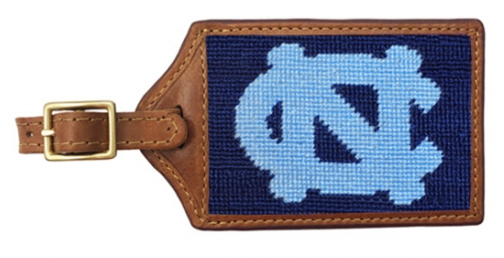 Luggage tag with a logo on a blue background