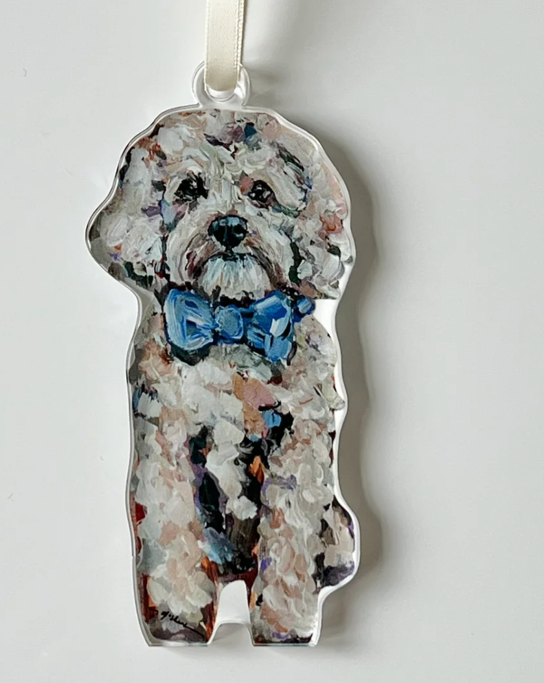 Cavapoo Blonde with Blue Bow Acrylic Ornament